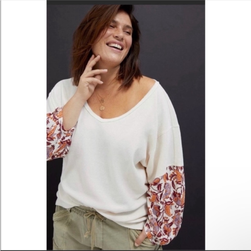 Anthropologie Annette Floral Sleeve V Neck Pullover Top Size Large NWT Boho